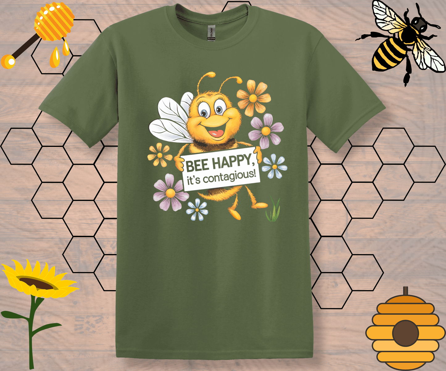 Motivational Graphic Tee - Bee Happy, It’s Contagious Design