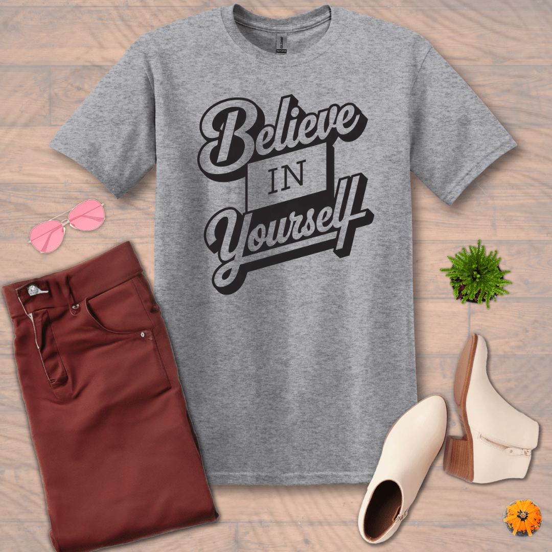 Inspire and Motivate, Uplifting T-shirt with quote: "Believe in Yourself"