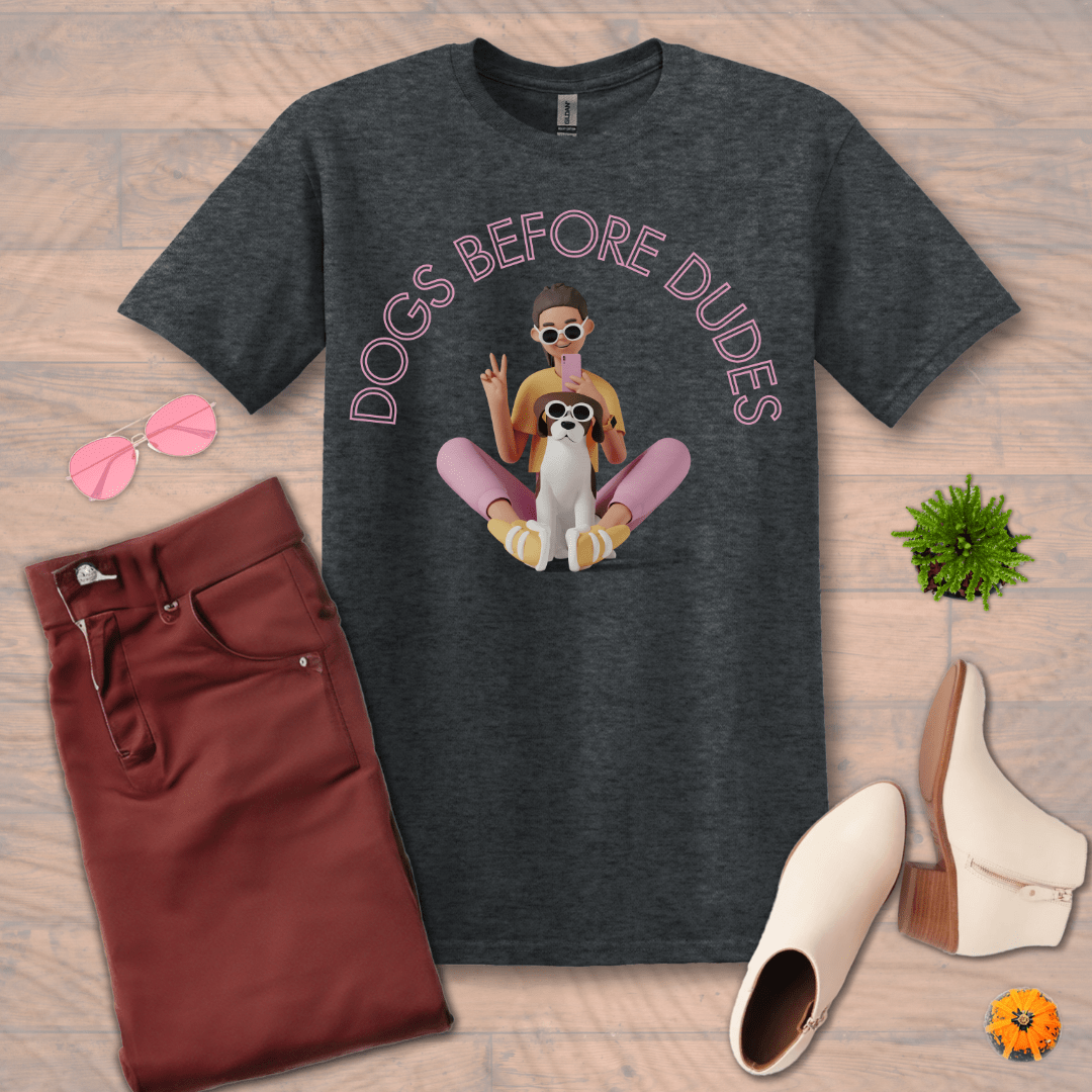 Inspire and Motivate, Uplifting Funny T-shirt with quote: "Dogs Before Dudes"