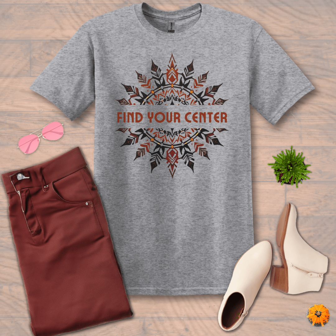 Inspire and Motivate, Uplifting Mandala T-shirt with quote: "Find Your Center"