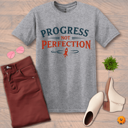 Inspire and Motivate, Uplifting T-shirt with quote: "Progress Not Perfection"