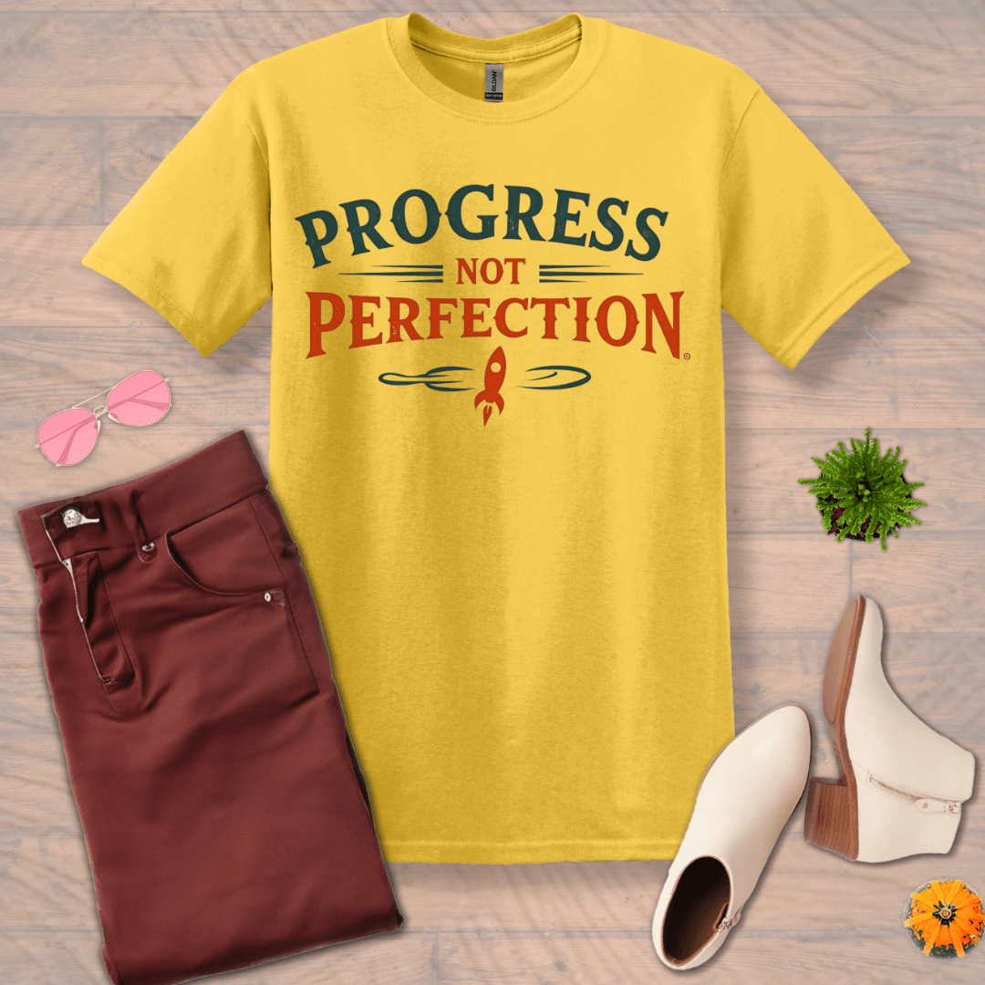 Inspire and Motivate, Uplifting T-shirt with quote: "Progress Not Perfection"