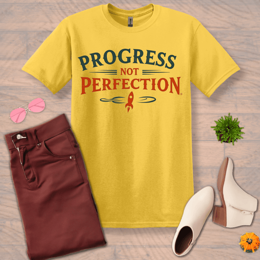 Inspire and Motivate, Uplifting T-shirt with quote: "Progress Not Perfection"