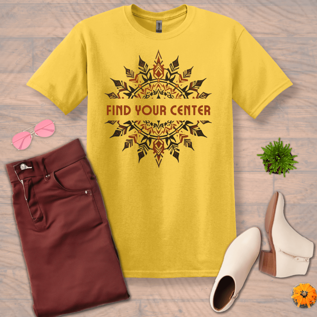 Inspire and Motivate, Uplifting Mandala T-shirt with quote: "Find Your Center"