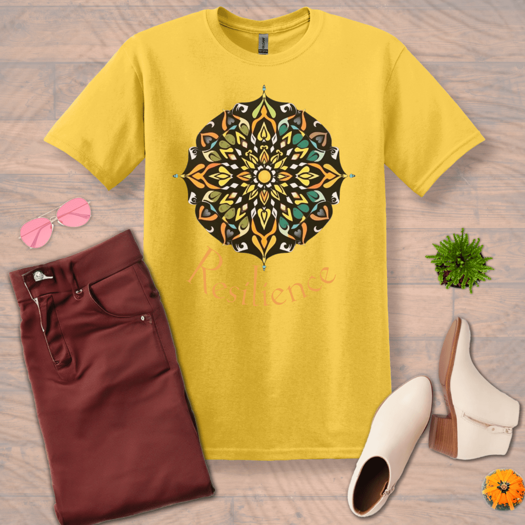 Inspire and Motivate, Uplifting Mandala T-shirt with quote: "Resilience"