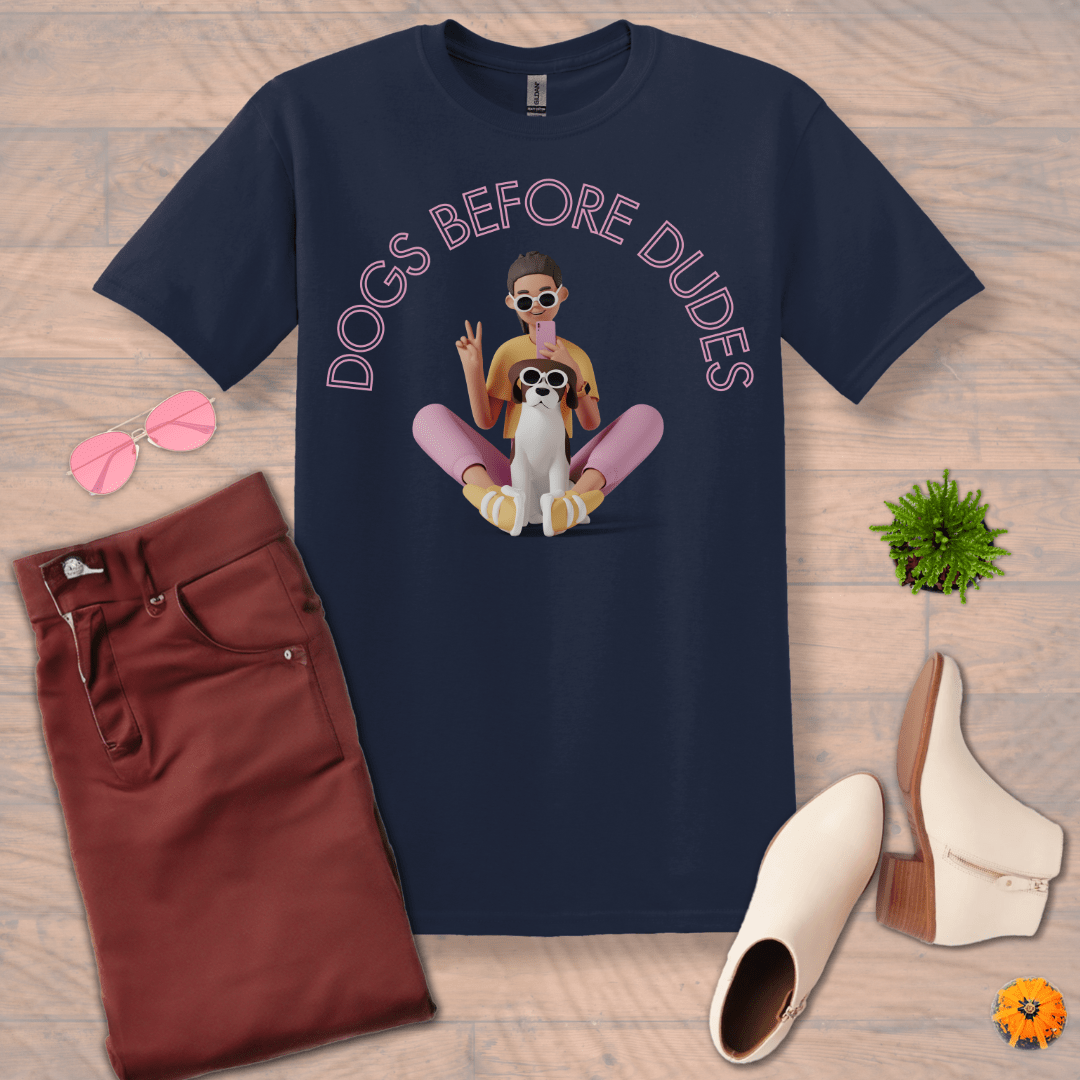 Inspire and Motivate, Uplifting Funny T-shirt with quote: "Dogs Before Dudes"