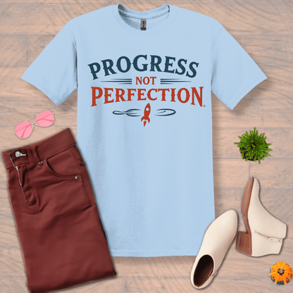 Inspire and Motivate, Uplifting T-shirt with quote: "Progress Not Perfection"