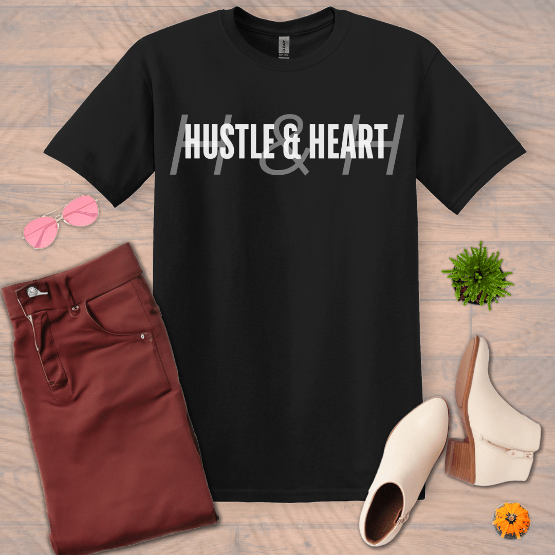 Inspire and Motivate, Uplifting T-shirt with quote: "Hustle & Heart"