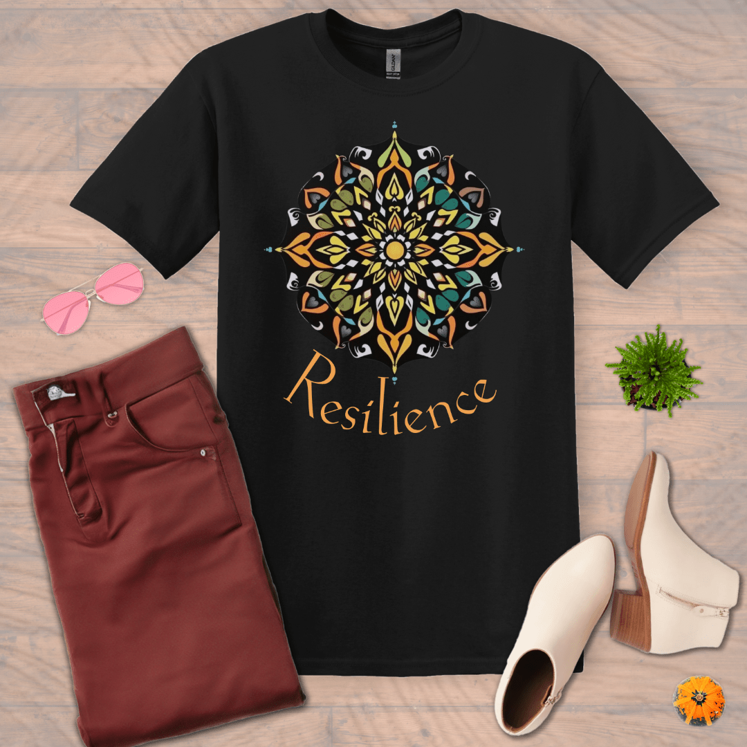 Inspire and Motivate, Uplifting Mandala T-shirt with quote: "Resilience"