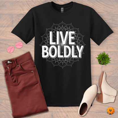 Inspire and Motivate, Uplifting Mandala T-shirt with quote: "Live Boldly"