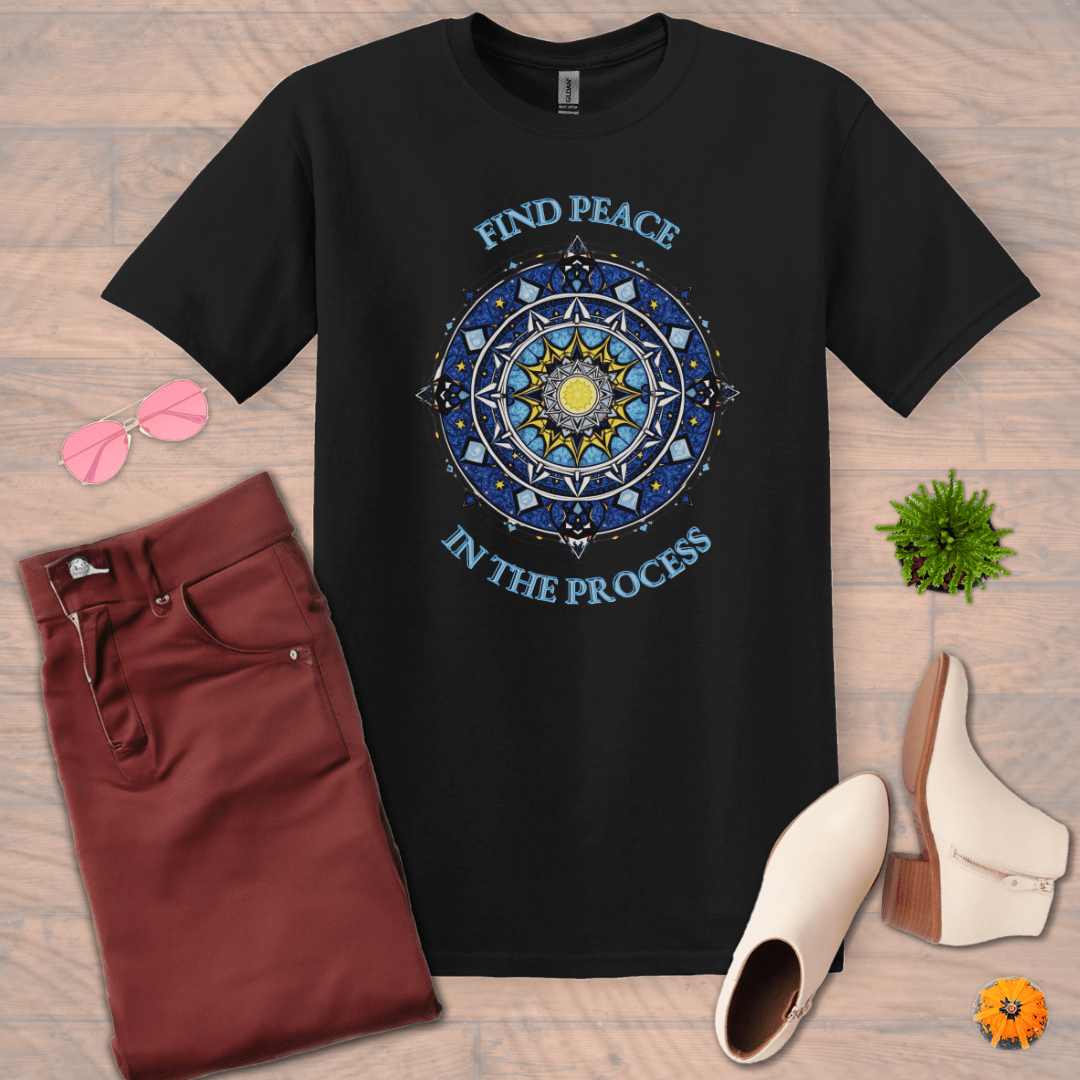 Inspire and Motivate, Uplifting Mandala T-shirt with quote: "Find Peace In The Process"