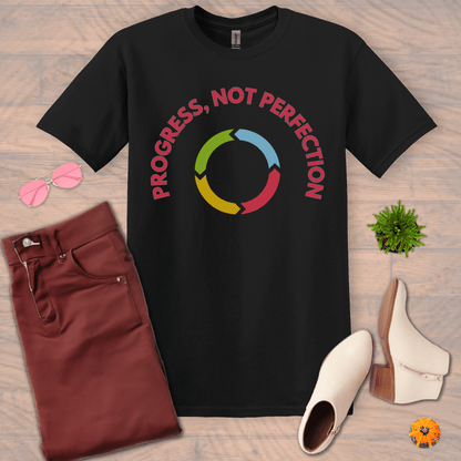 Inspire and Motivate, Uplifting T-shirt with quote: "Progress, Not Perfection"