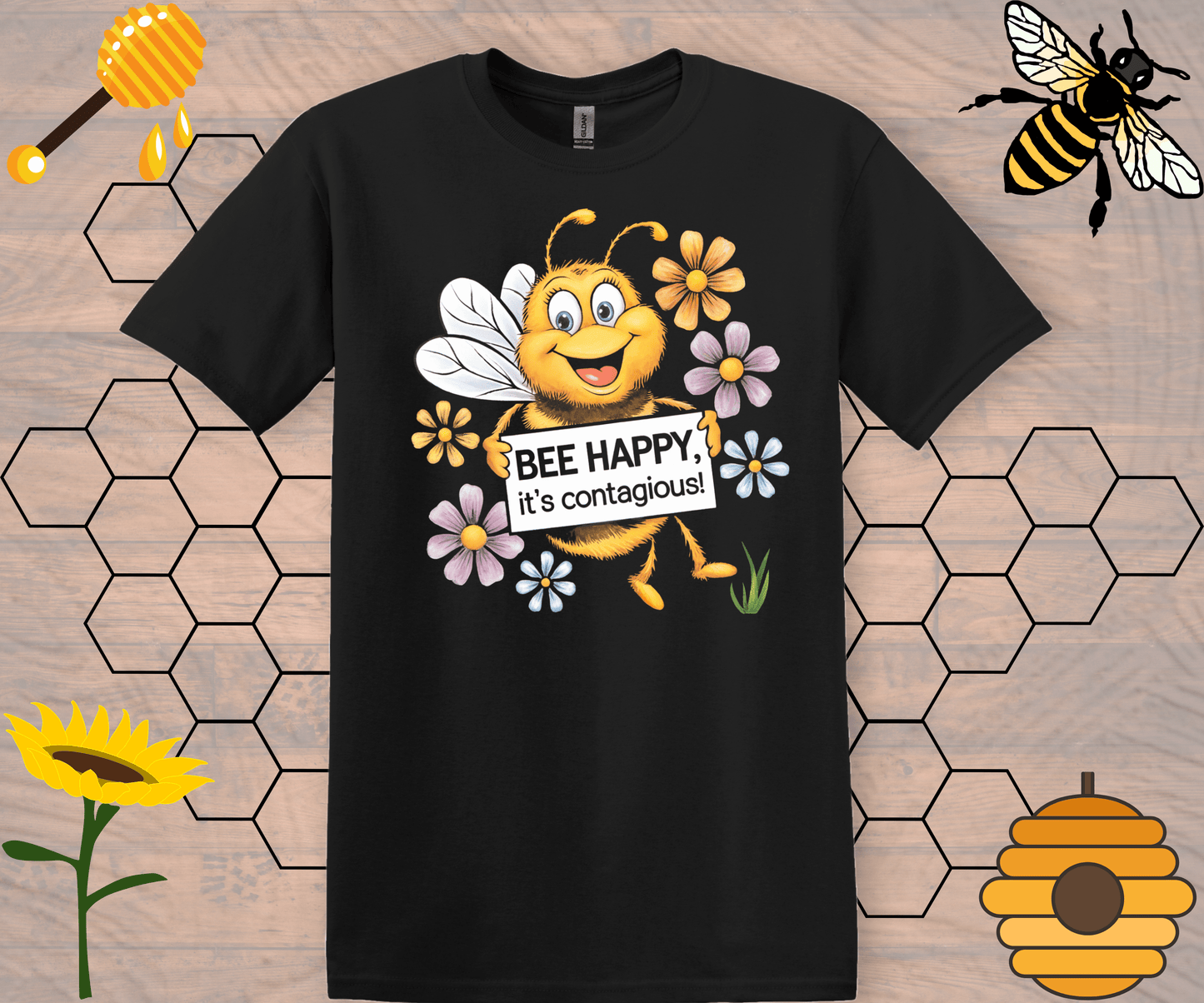 Motivational Graphic Tee - Bee Happy, It’s Contagious Design