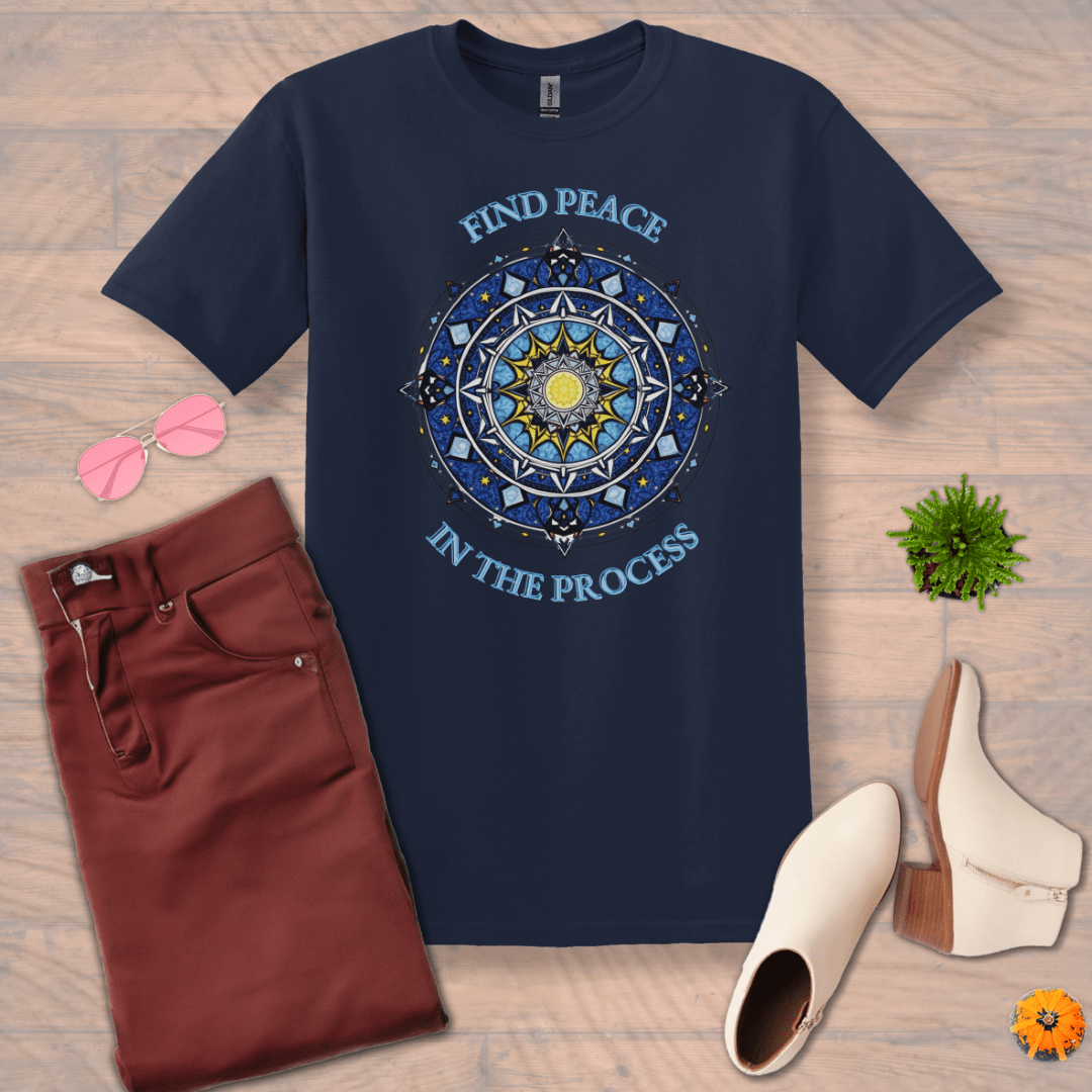 Inspire and Motivate, Uplifting Mandala T-shirt with quote: "Find Peace In The Process"