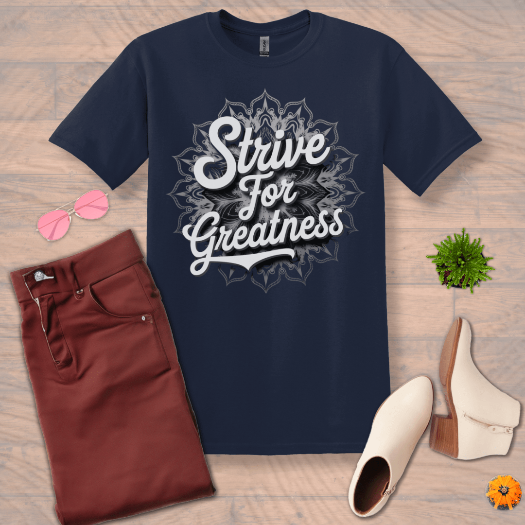 Inspire and Motivate, Uplifting Mandala T-shirt with quote: "Strive For Greatness"