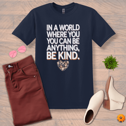 Inspire and Motivate, Uplifting T-shirt with quote: "In a World Where You Can Be Anything, Be Kind"