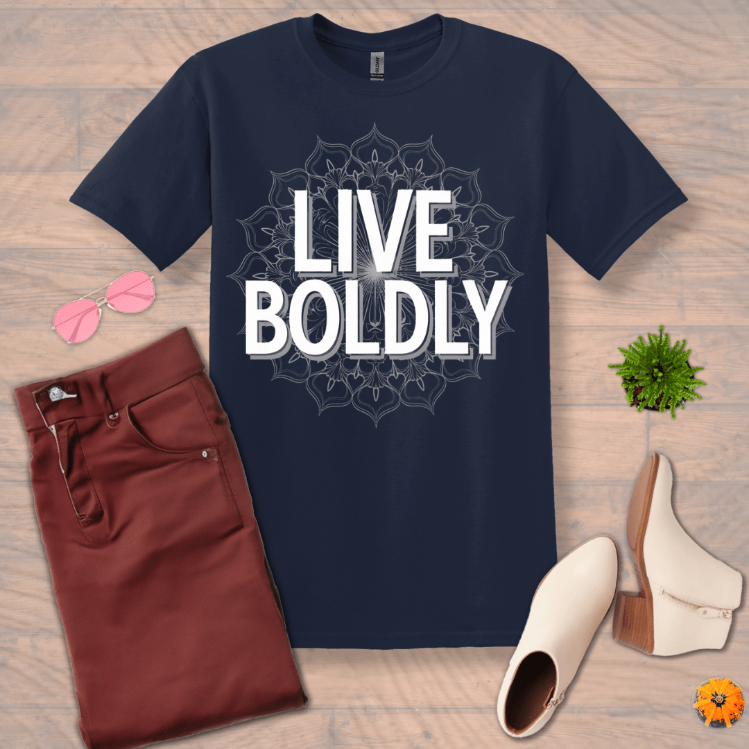 Inspire and Motivate, Uplifting Mandala T-shirt with quote: "Live Boldly"