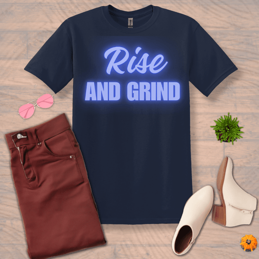 Inspire and Motivate, Uplifting T-shirt with quote: "Rise And Grind"