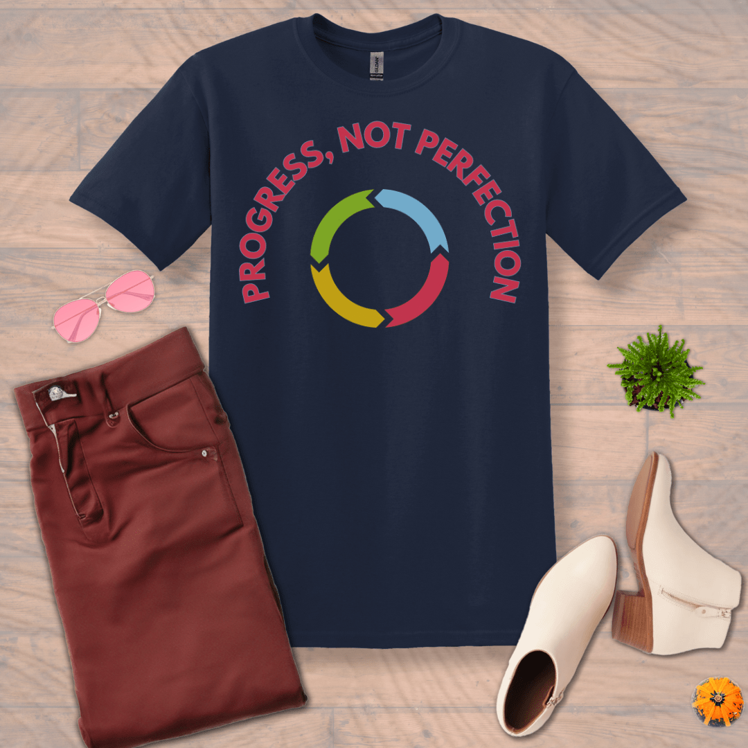 Inspire and Motivate, Uplifting T-shirt with quote: "Progress, Not Perfection"