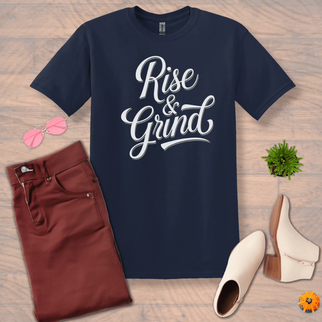 Inspire and Motivate, Uplifting T-shirt with quote: "Rise And Grind"