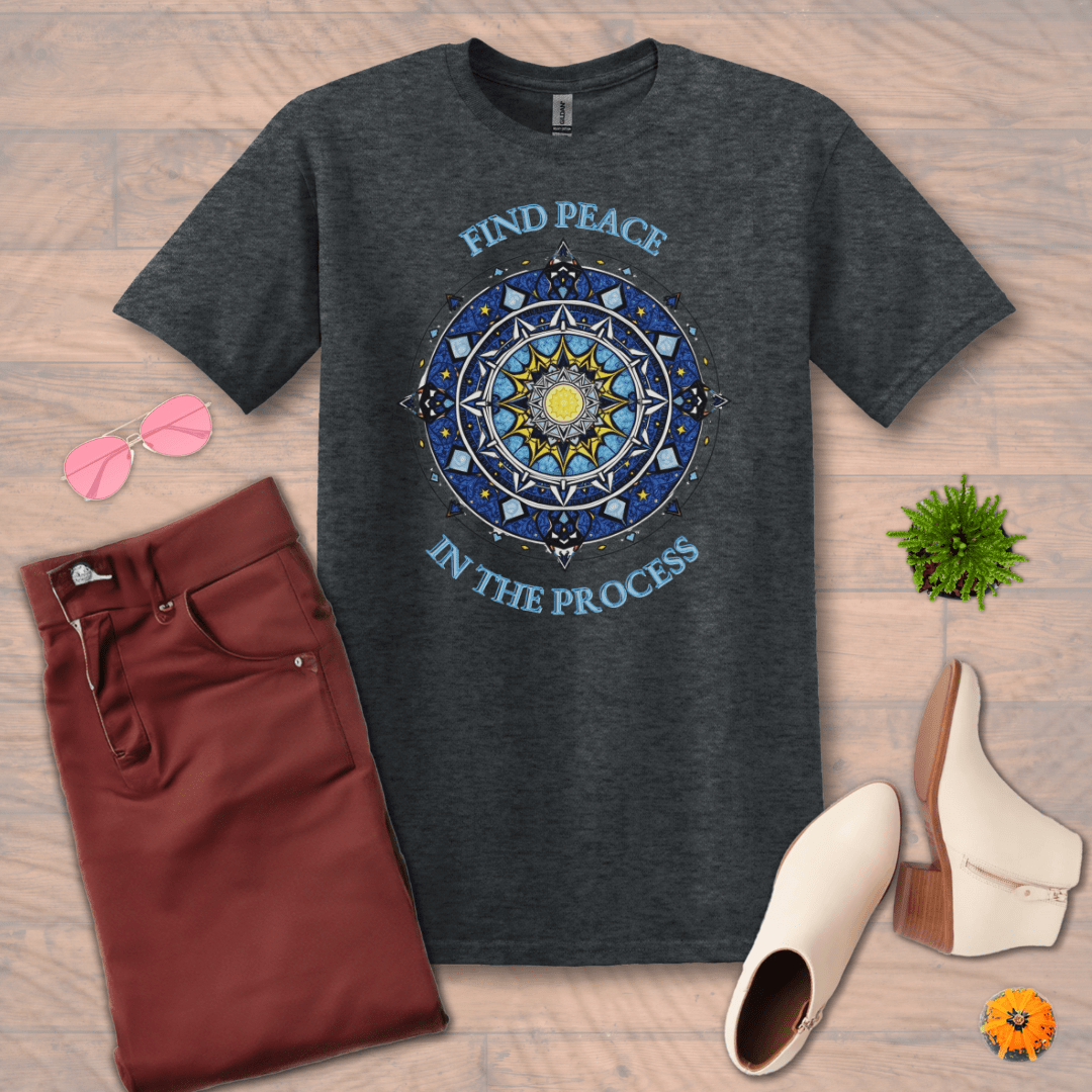 Inspire and Motivate, Uplifting Mandala T-shirt with quote: "Find Peace In The Process"