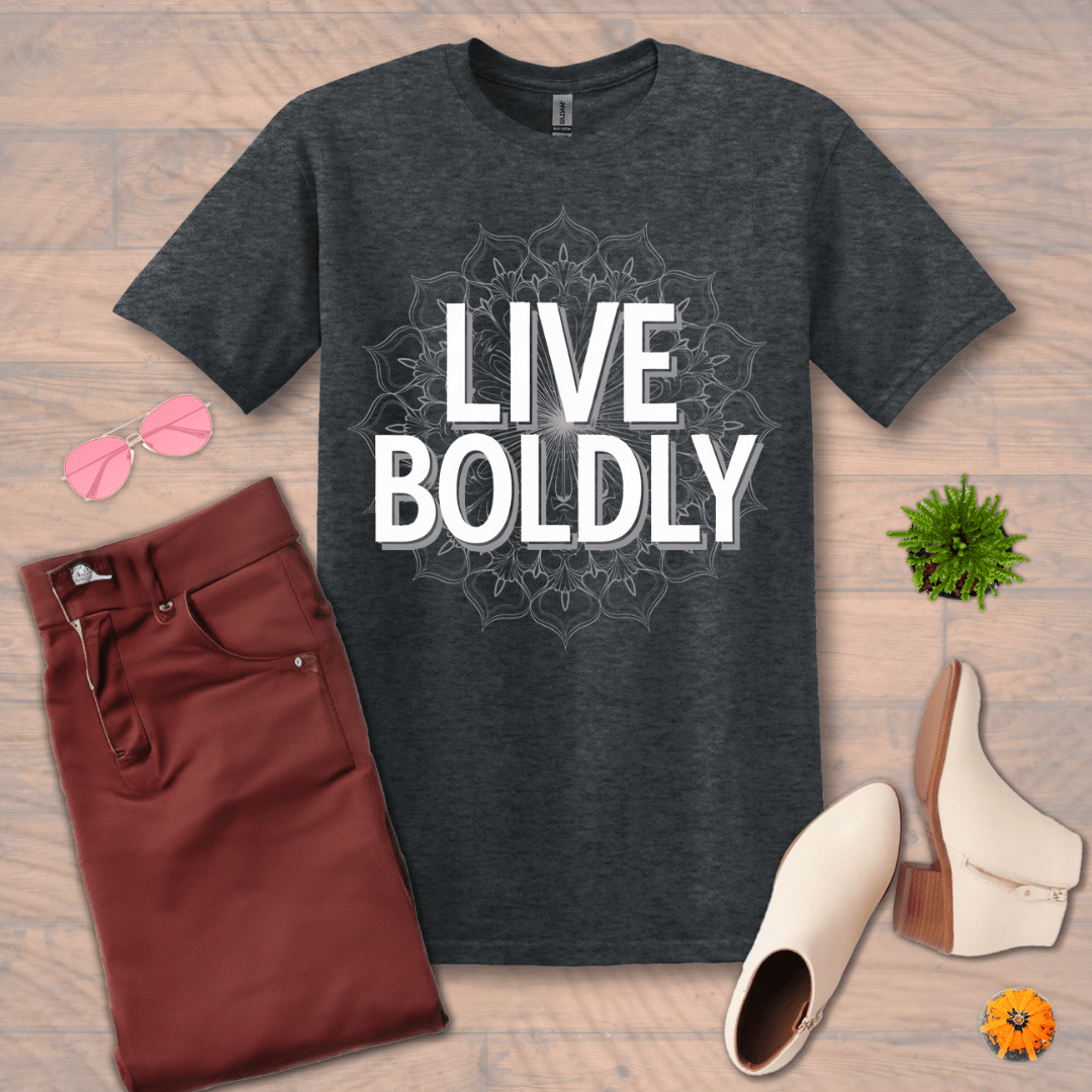 Inspire and Motivate, Uplifting Mandala T-shirt with quote: "Live Boldly"