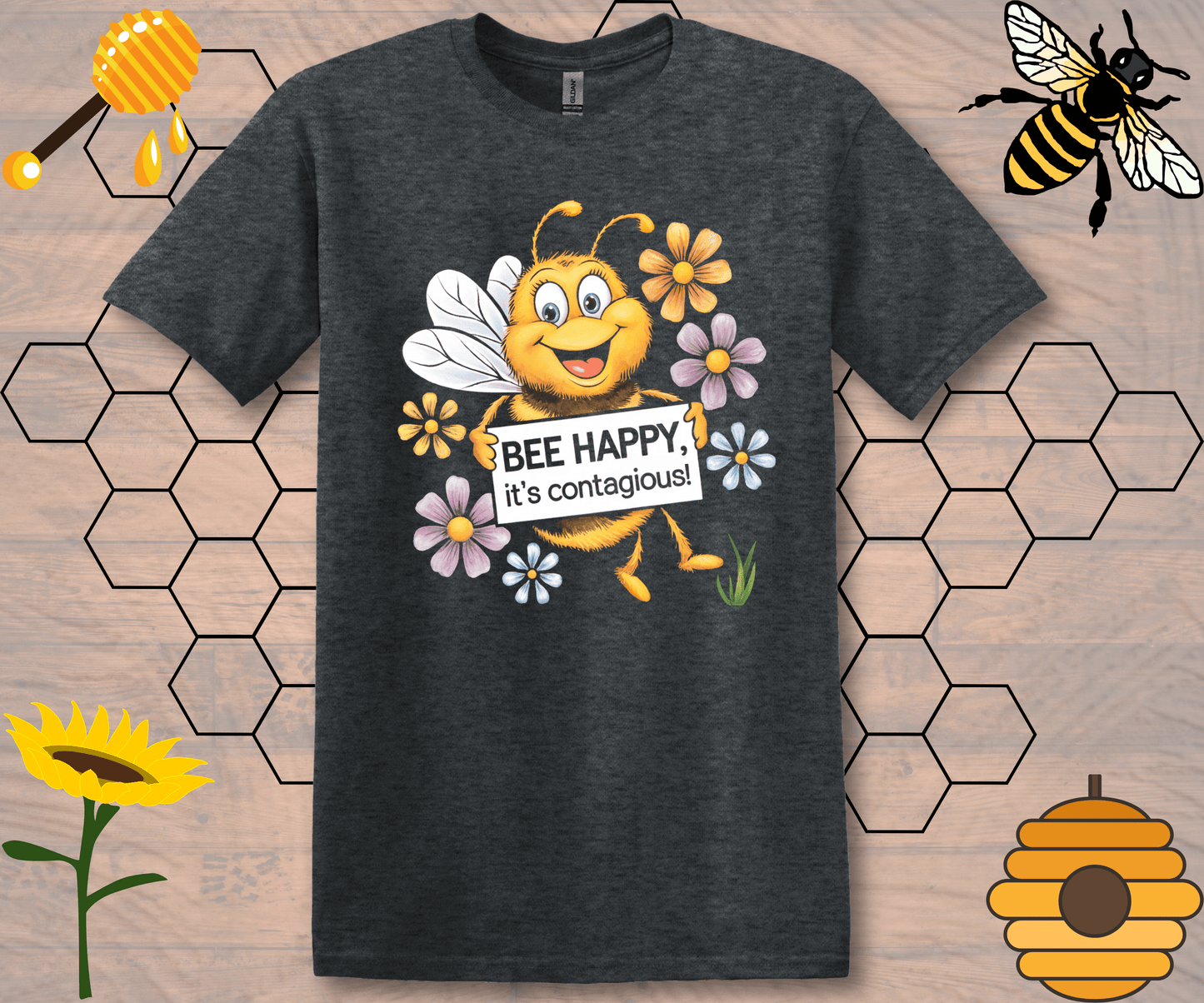 Motivational Graphic Tee - Bee Happy, It’s Contagious Design