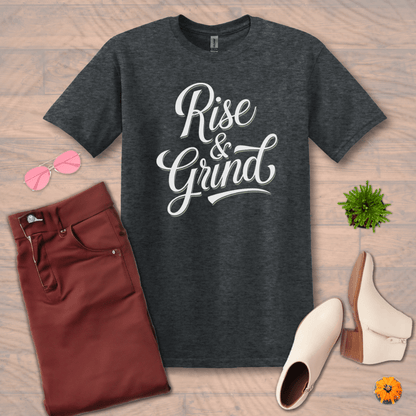 Inspire and Motivate, Uplifting T-shirt with quote: "Rise And Grind"