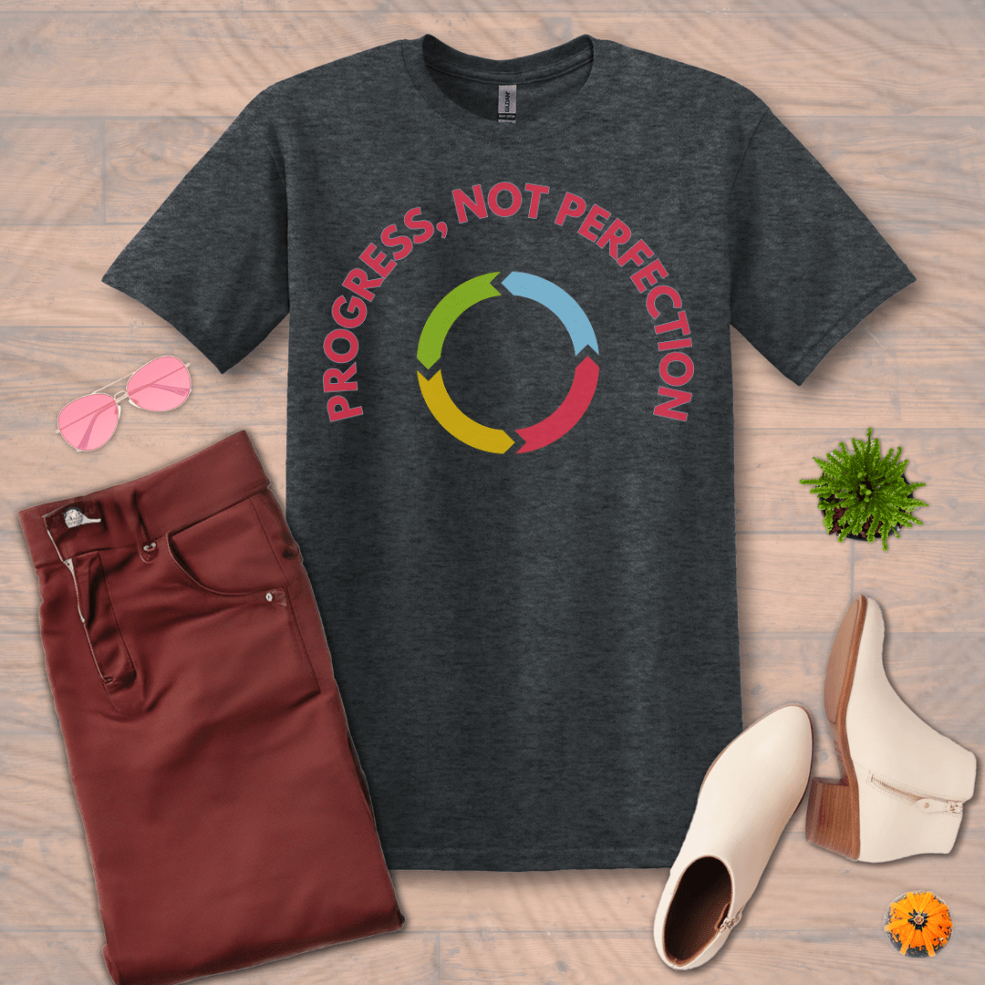 Inspire and Motivate, Uplifting T-shirt with quote: "Progress, Not Perfection"