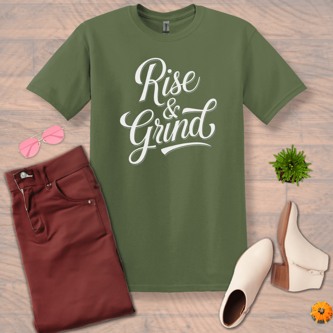 Inspire and Motivate, Uplifting T-shirt with quote: "Rise And Grind"