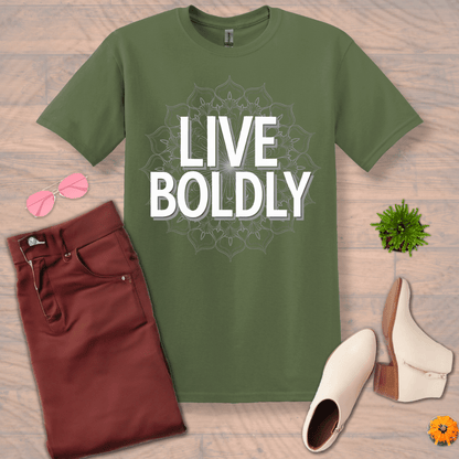 Inspire and Motivate, Uplifting Mandala T-shirt with quote: "Live Boldly"