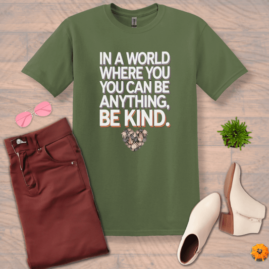 Inspire and Motivate, Uplifting T-shirt with quote: "In a World Where You Can Be Anything, Be Kind"