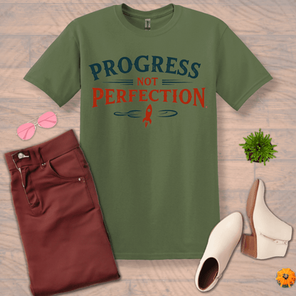 Inspire and Motivate, Uplifting T-shirt with quote: "Progress Not Perfection"