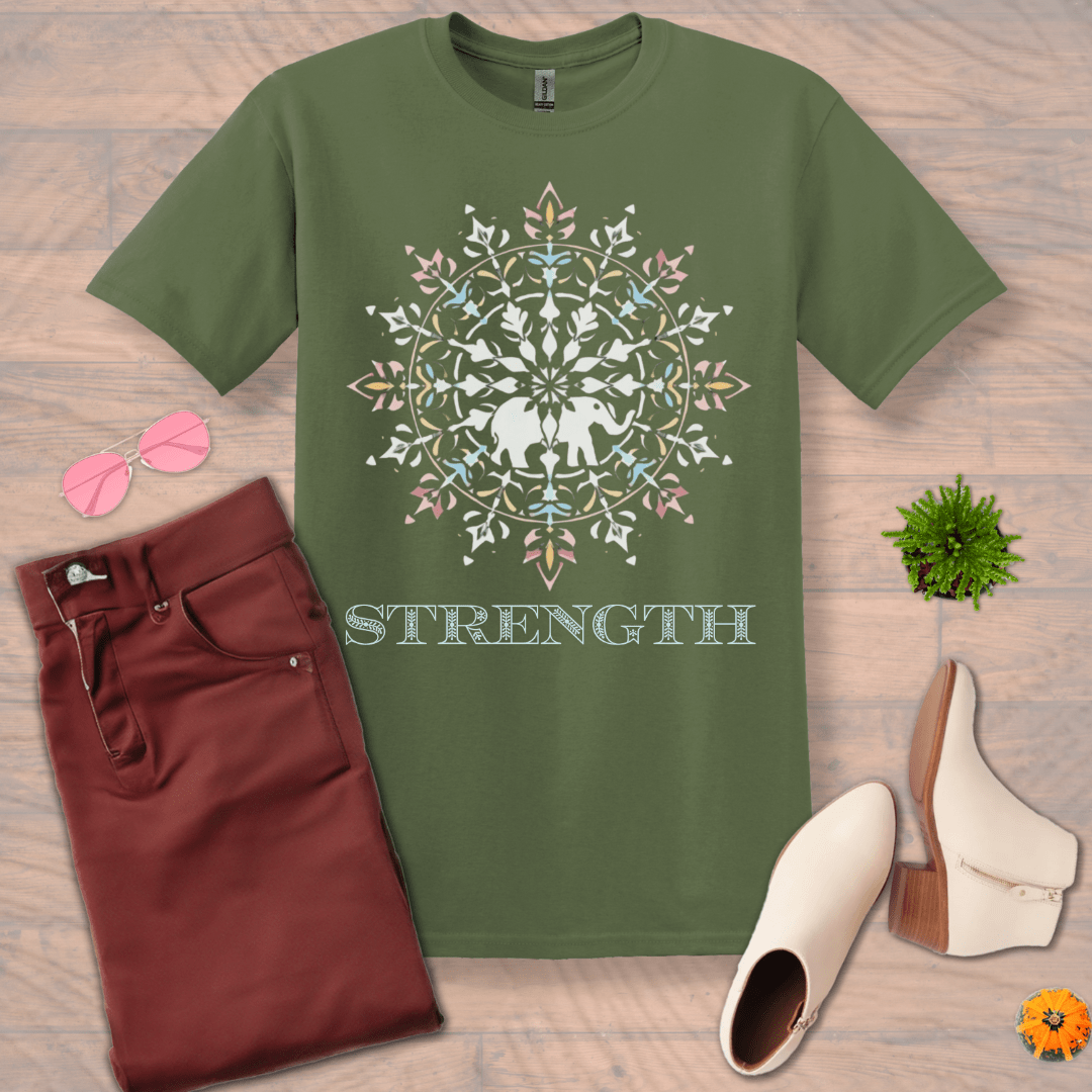 Inspire and Motivate, Uplifting Mandala T-shirt with quote: "Strength"