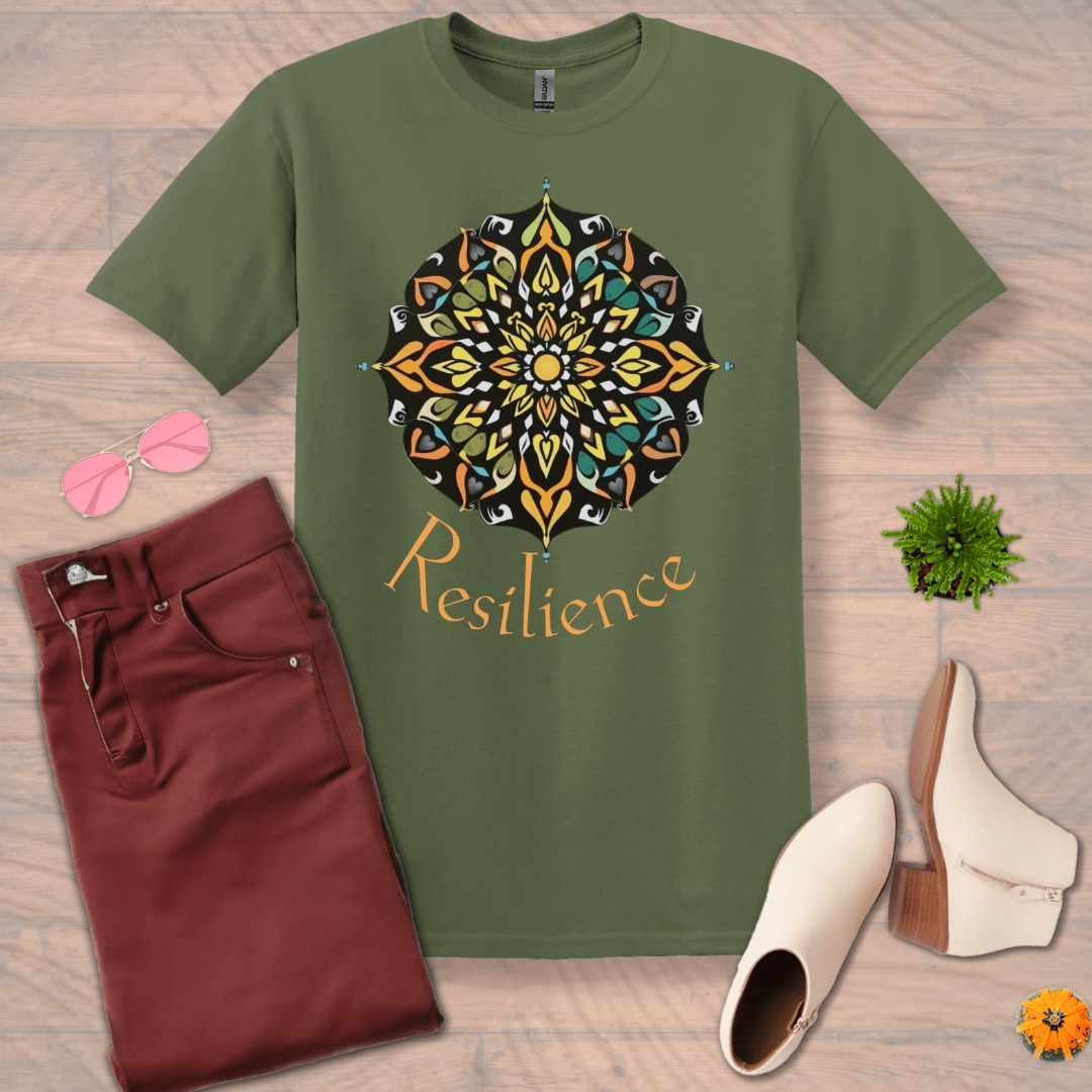 Inspire and Motivate, Uplifting Mandala T-shirt with quote: "Resilience"