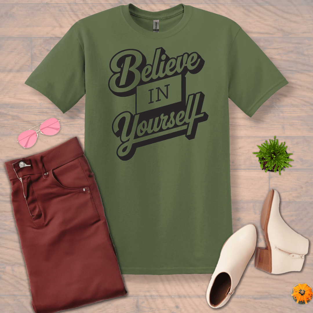 Inspire and Motivate, Uplifting T-shirt with quote: "Believe in Yourself"