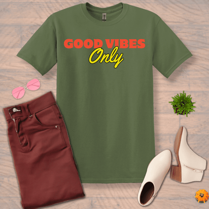 Inspire and Motivate, Uplifting T-shirt with quote: "Good Vibes Only"