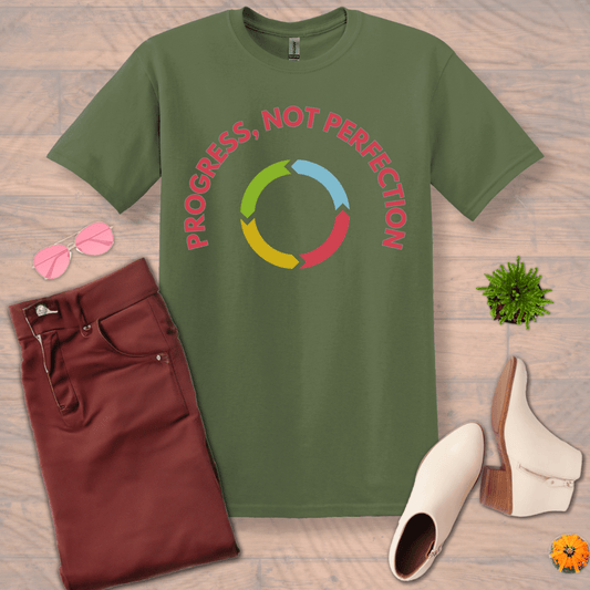 Inspire and Motivate, Uplifting T-shirt with quote: "Progress, Not Perfection"