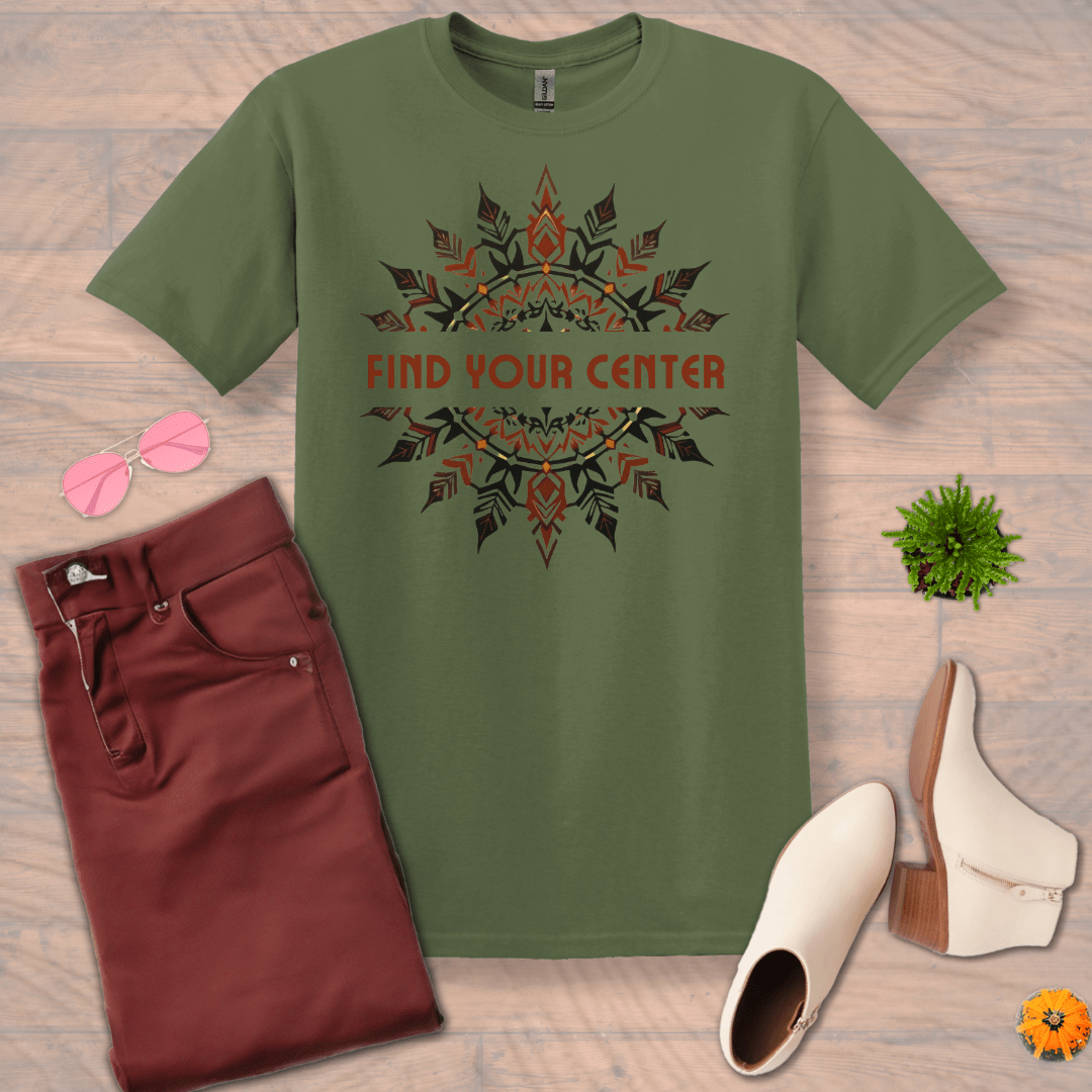 Inspire and Motivate, Uplifting Mandala T-shirt with quote: "Find Your Center"