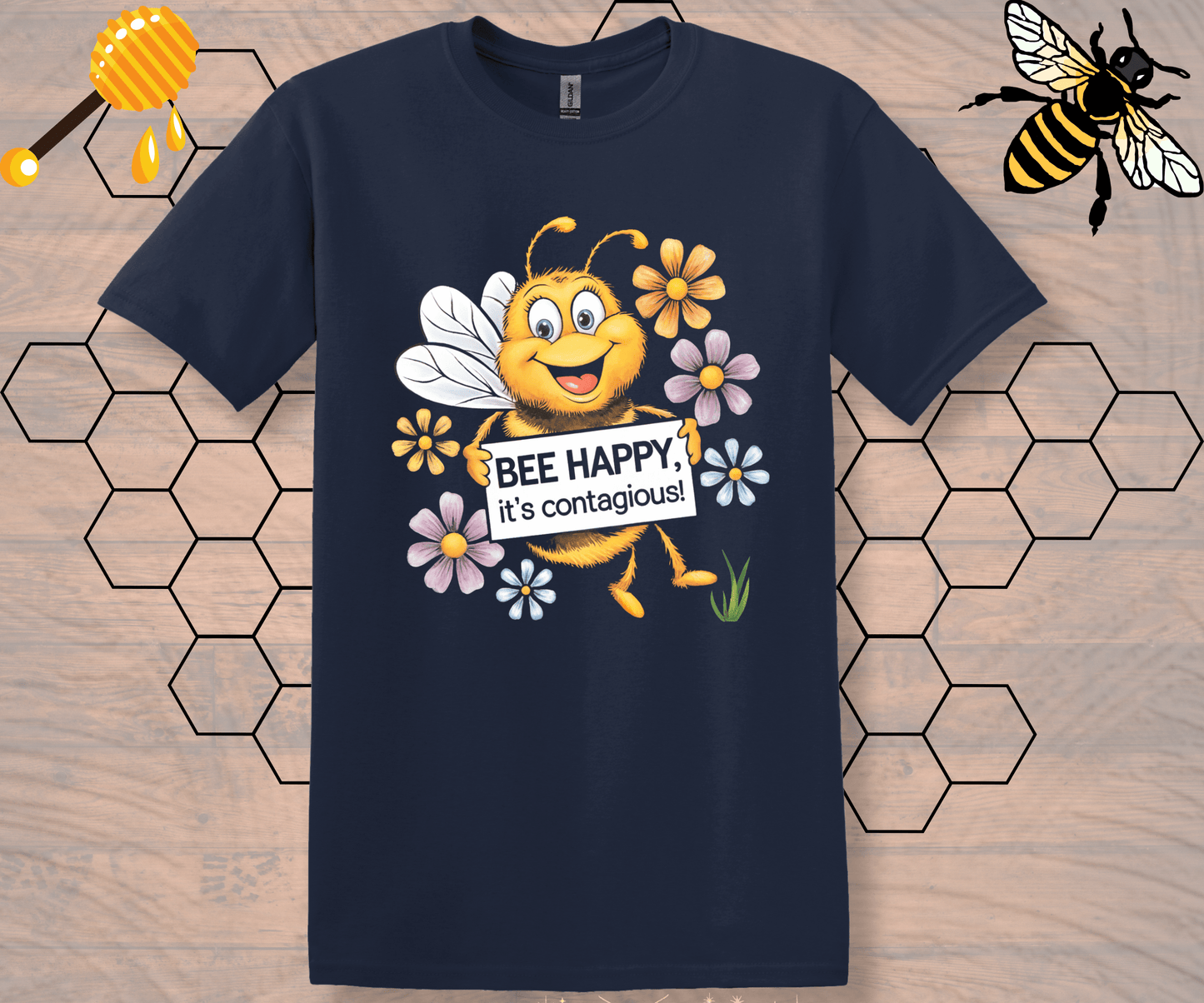 Motivational Graphic Tee - Bee Happy, It’s Contagious Design