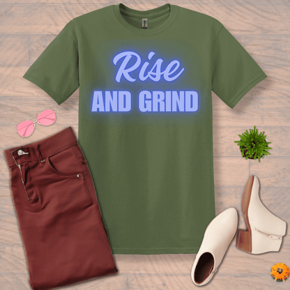 Inspire and Motivate, Uplifting T-shirt with quote: "Rise And Grind"