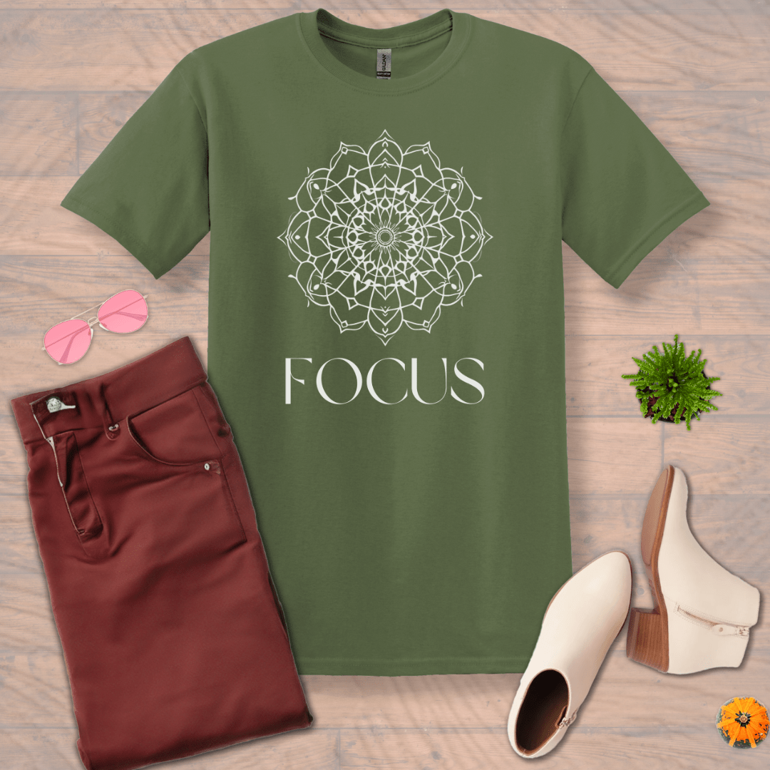 Inspire and Motivate, Uplifting Mandala T-shirt with quote: "Focus"