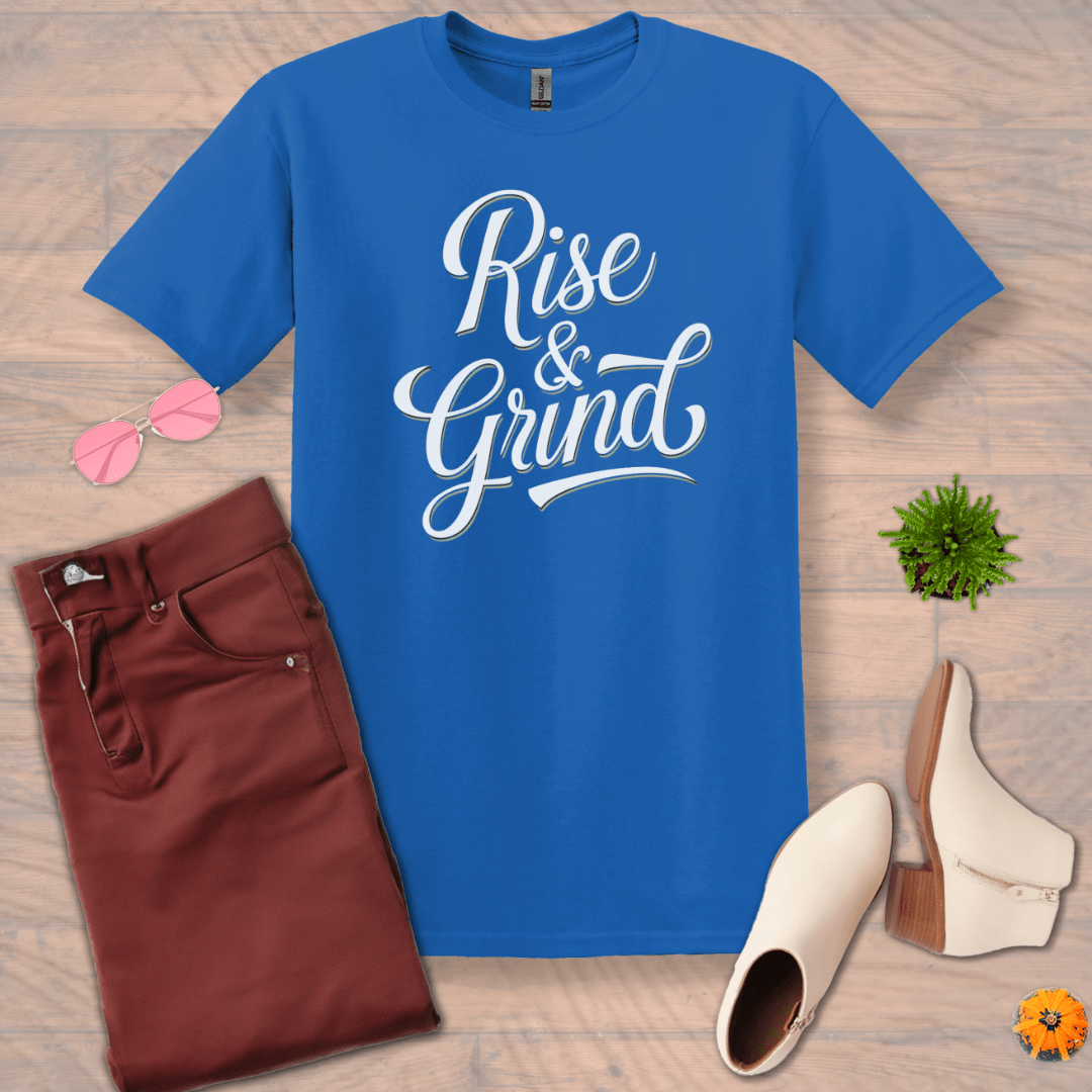 Inspire and Motivate, Uplifting T-shirt with quote: "Rise And Grind"