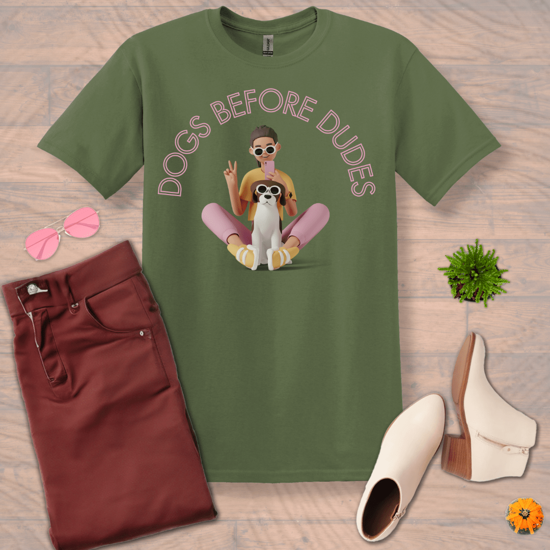 Inspire and Motivate, Uplifting Funny T-shirt with quote: "Dogs Before Dudes"