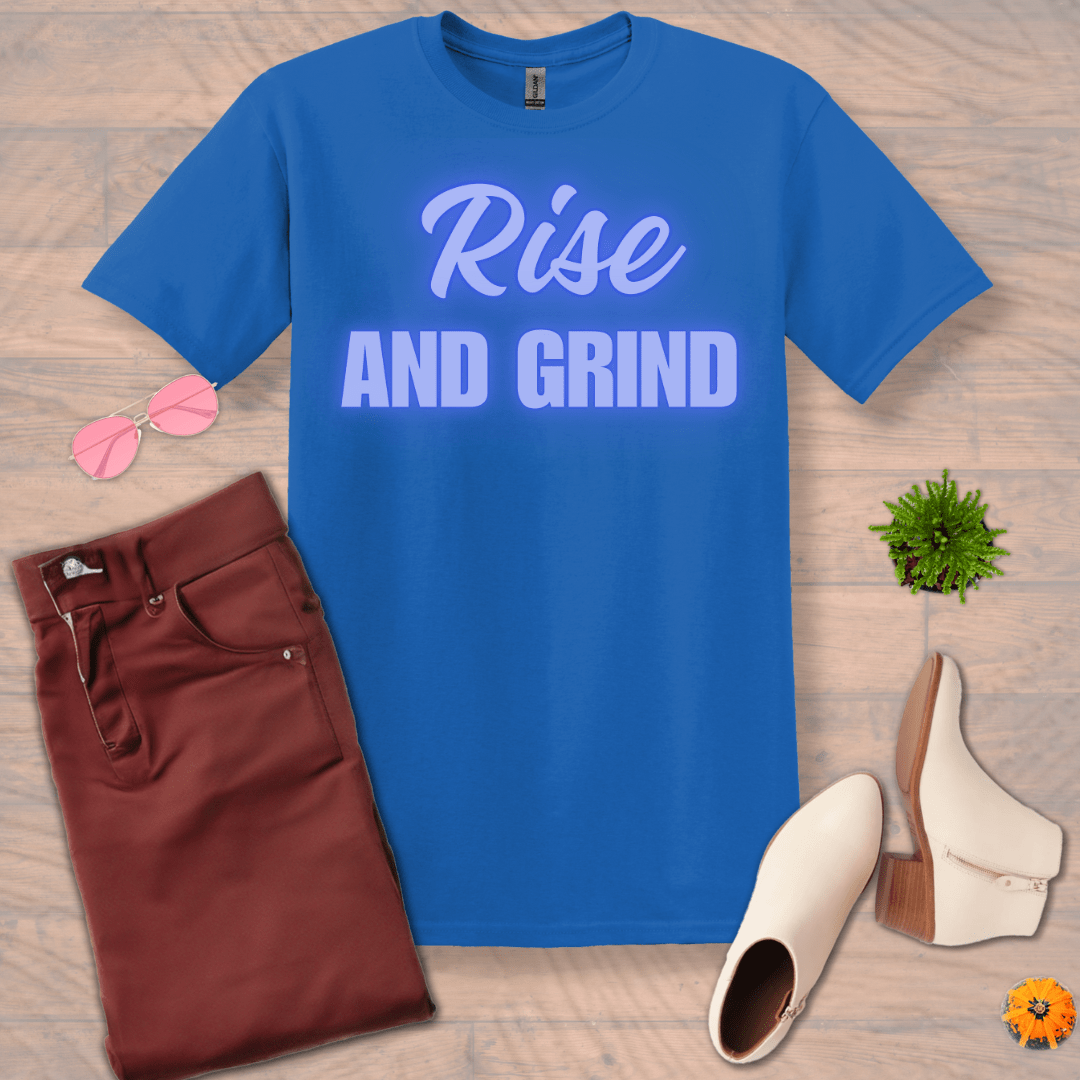 Inspire and Motivate, Uplifting T-shirt with quote: "Rise And Grind"