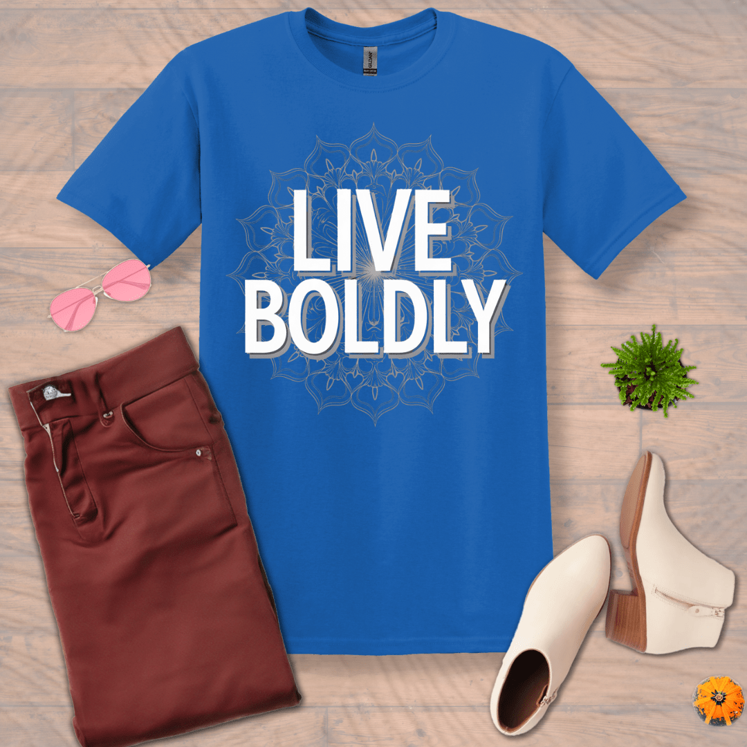 Inspire and Motivate, Uplifting Mandala T-shirt with quote: "Live Boldly"