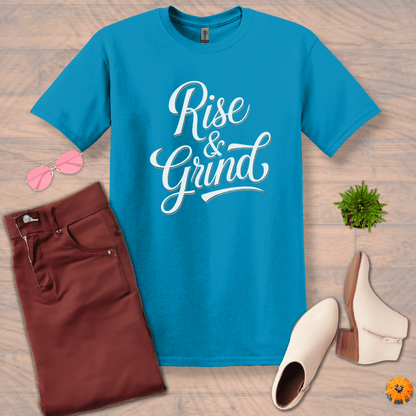 Inspire and Motivate, Uplifting T-shirt with quote: "Rise And Grind"