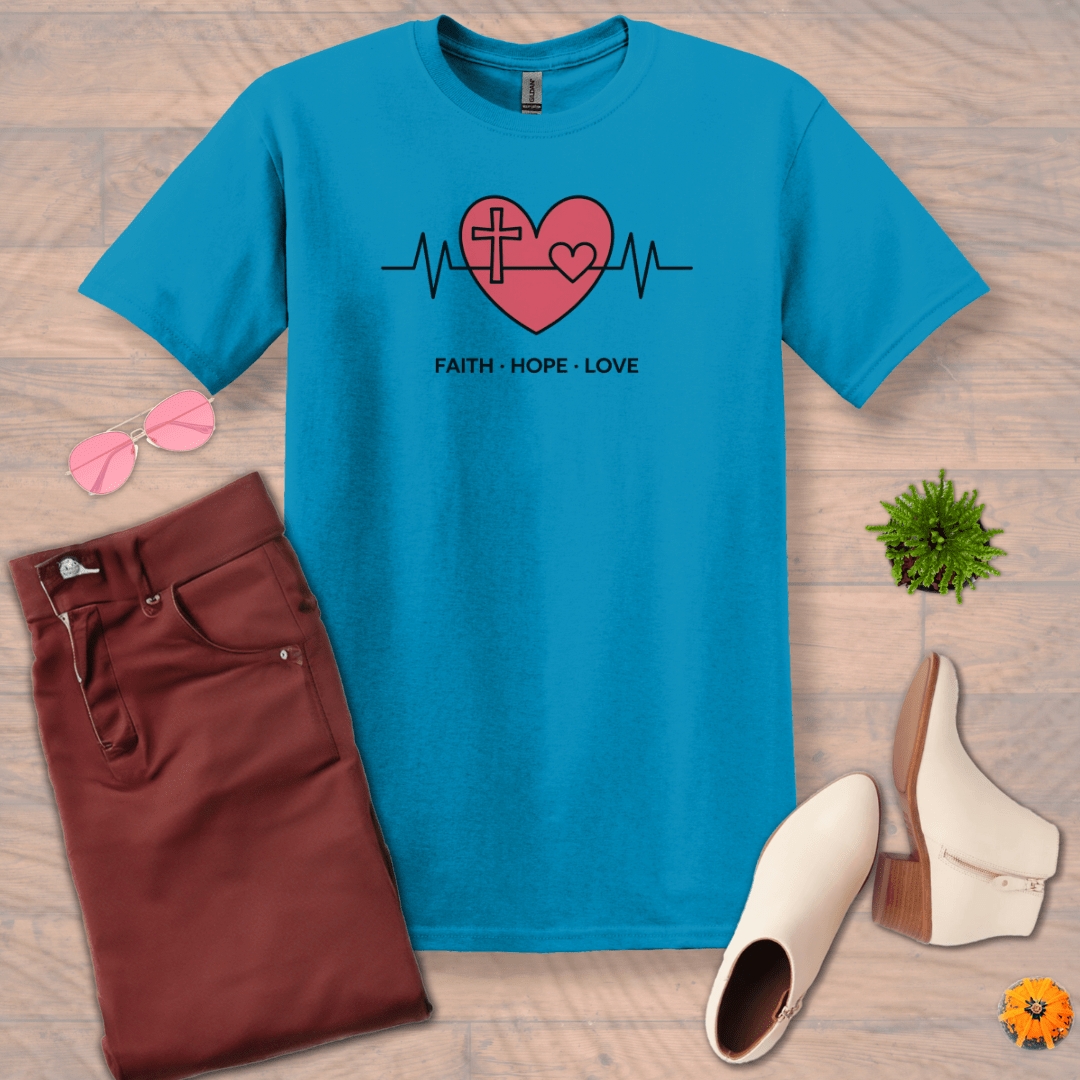 Inspire and Motivate, Uplifting T-shirt with quote: "FAITH HOPE LOVE"