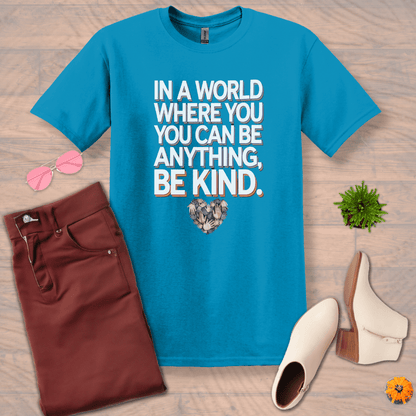 Inspire and Motivate, Uplifting T-shirt with quote: "In a World Where You Can Be Anything, Be Kind"