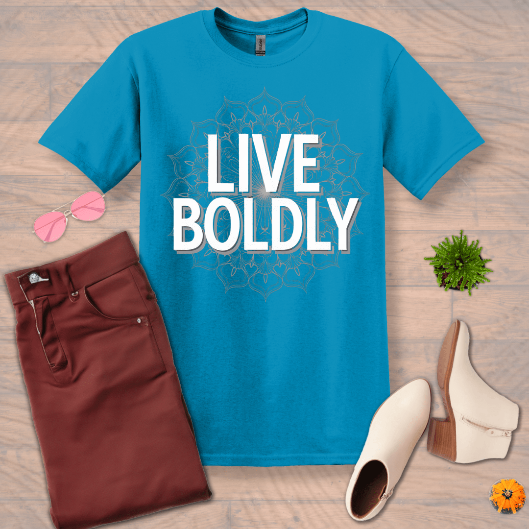 Inspire and Motivate, Uplifting Mandala T-shirt with quote: "Live Boldly"